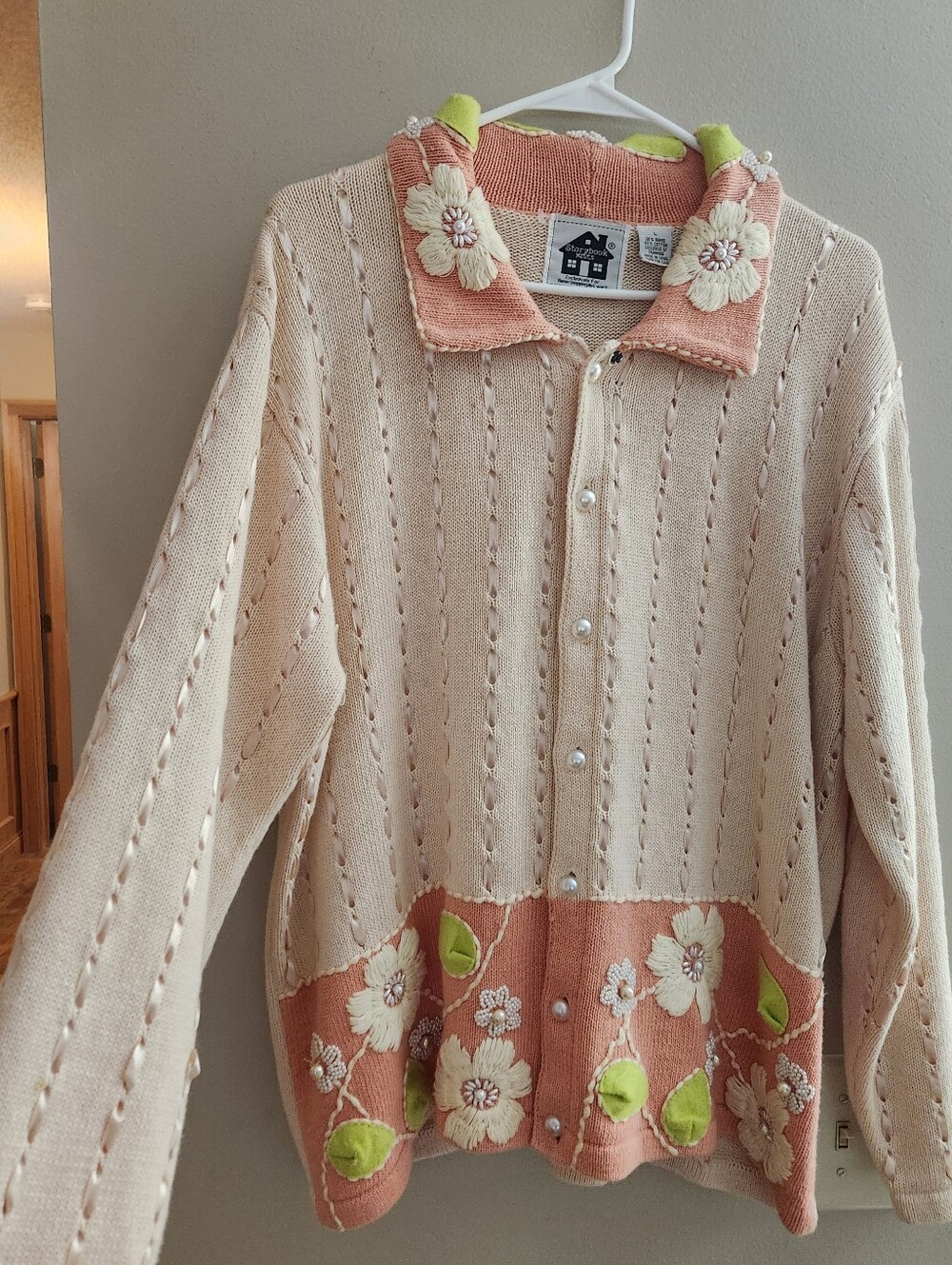 Vintage Storybook Knits Long Sleeve Button Front Sweater Embroidered Beaded Sz L